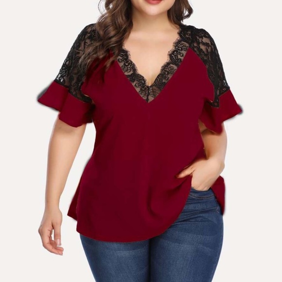 Plus size lace contrast flutter sleeve blouse - Picture 5 of 10